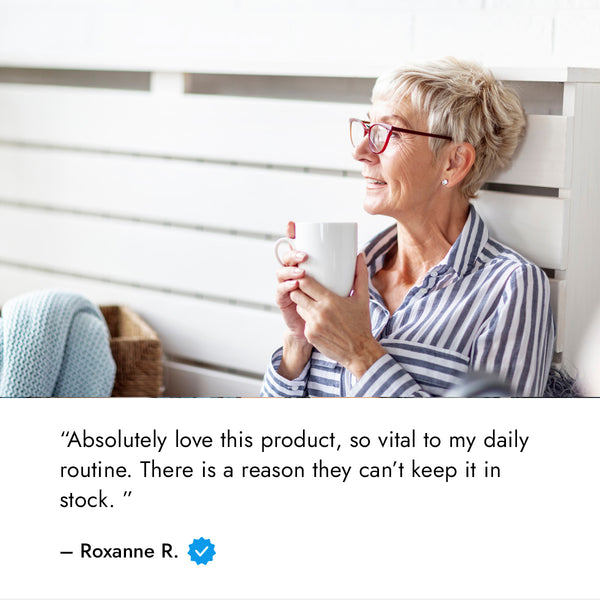 Z-Spike review with image of older woman on porch with a coffee